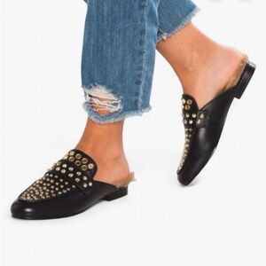 Steve Madden Black Leather Studded Fur-Lined Slip-On Mules